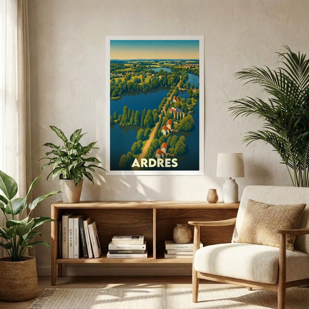 Affiche souvenir de la ville d'Ardres avec une illustration stylisée d'un paysage verdoyant et de ses lacs.