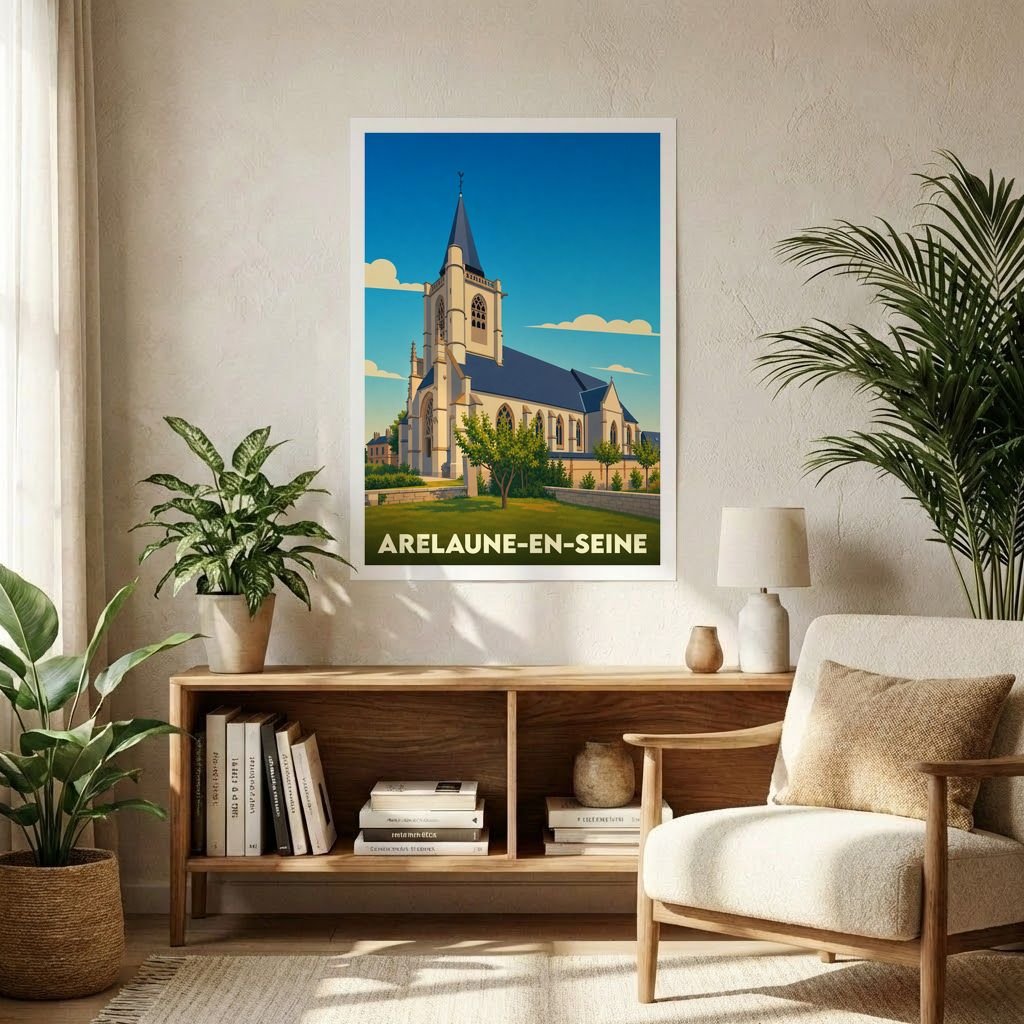 Affiche souvenir de la ville d'Arelaune-en-Seine avec une illustration stylisée de son église sous un ciel bleu.