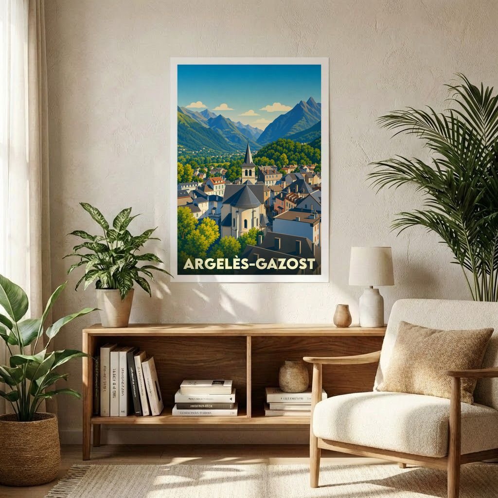 Affiche souvenir de la ville d'Argelès-Gazost avec une illustration stylisée d'un village de montagne.