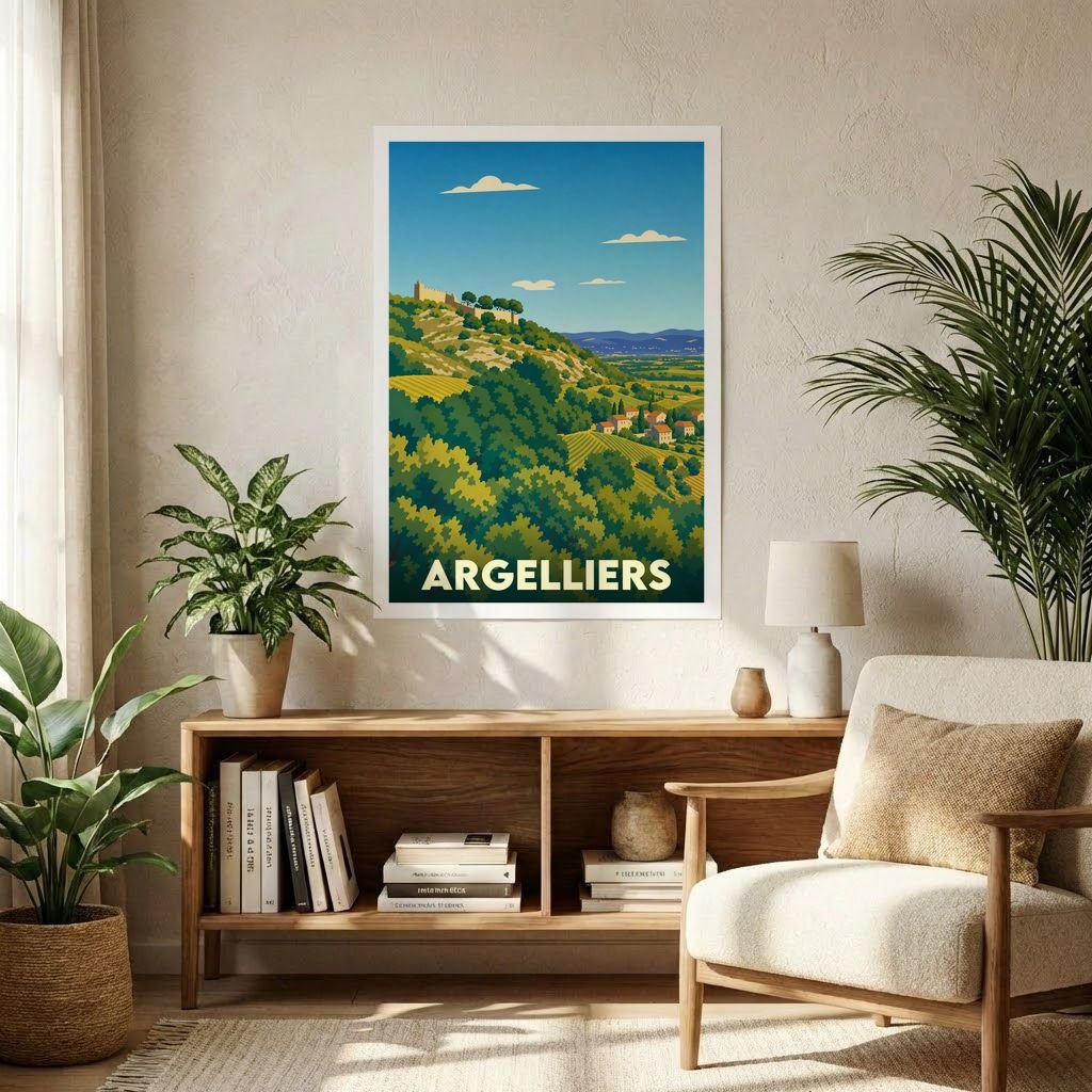 Affiche souvenir de la ville d'Argelliers présentant un paysage de collines illustré dans un style rétro.
