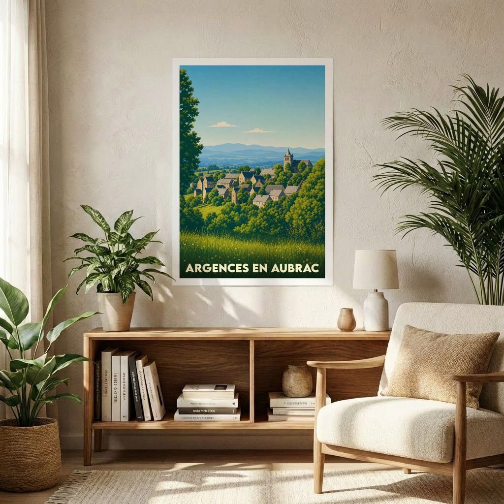 Affiche souvenir de la ville de Argences en Aubrac avec une illustration stylisée de son village et de ses paysages.