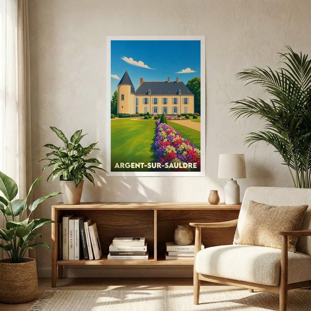 Affiche souvenir de la ville de Argent-sur-Sauldre avec une illustration stylisée d'un château et de ses jardins fleuris.