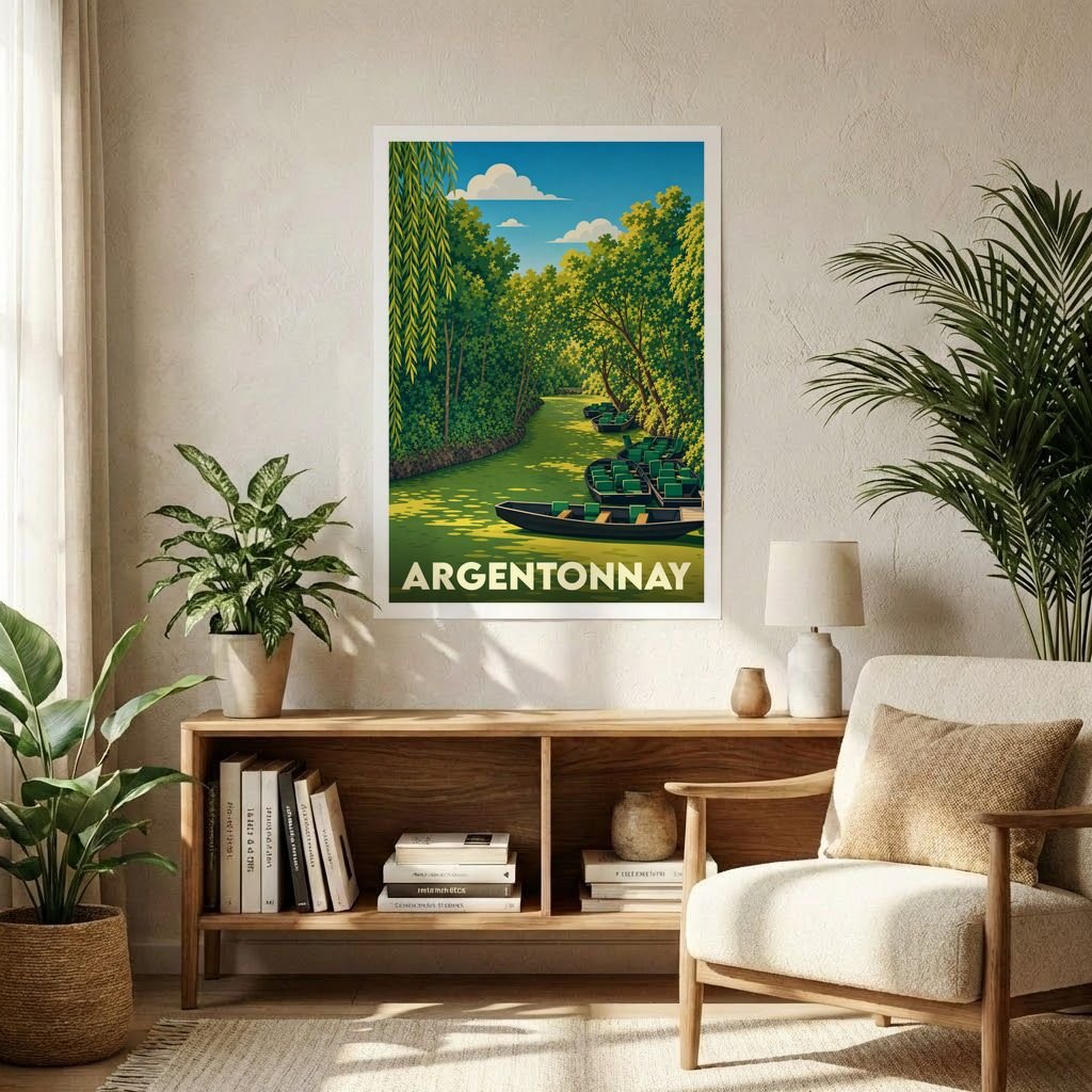 Affiche souvenir de la ville d'Argentonnay avec une illustration stylisée d'une rivière bordée de barques et de verdure.