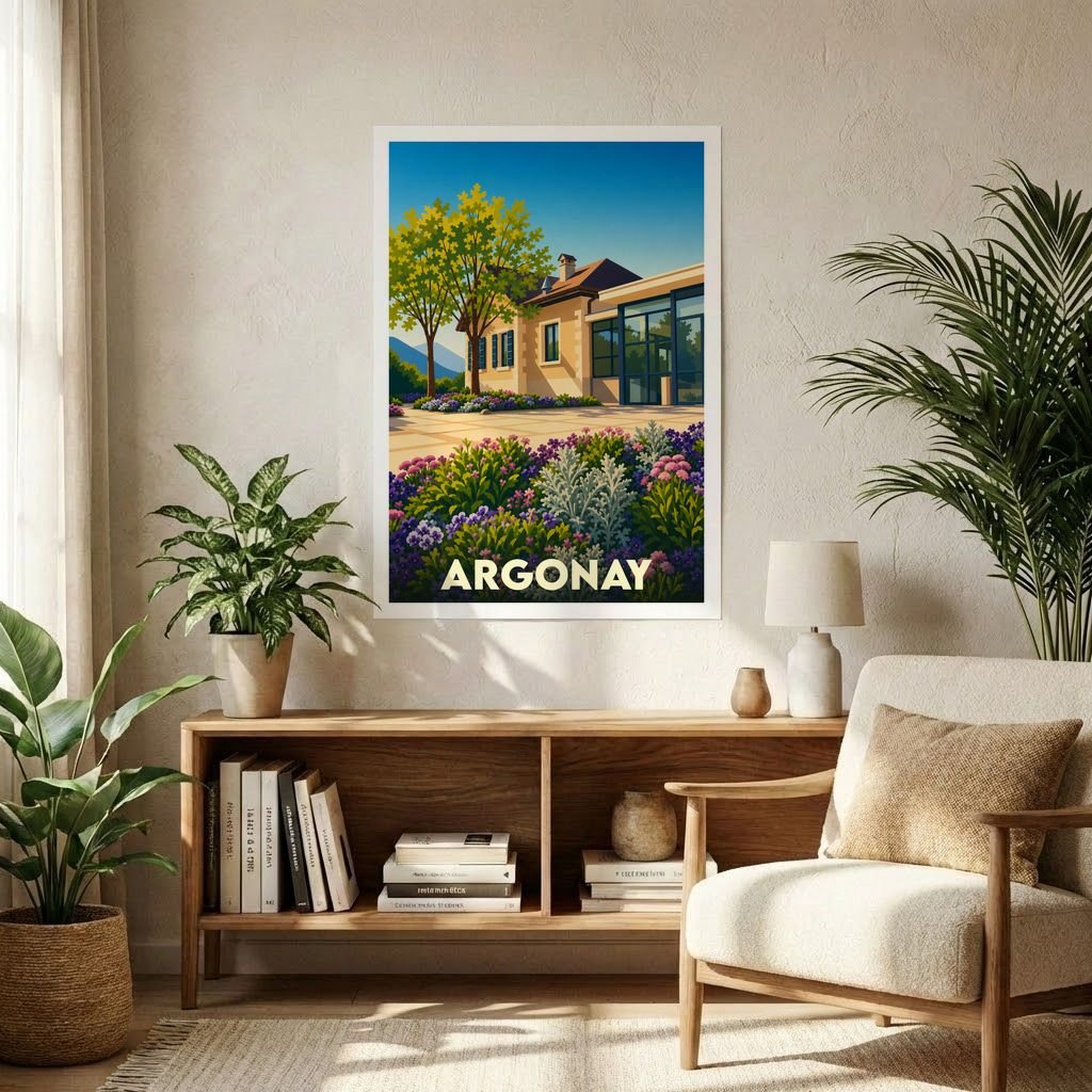 Affiche souvenir de la ville de Argonay avec une illustration stylisée d'un paysage urbain fleuri.