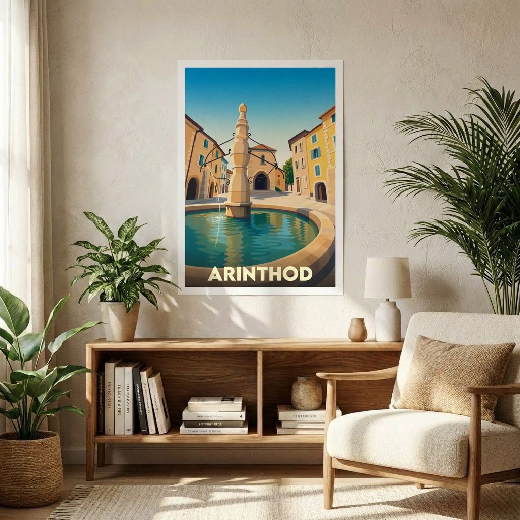 Affiche souvenir de la ville d'Arinthod avec une illustration stylisée d'une fontaine historique.