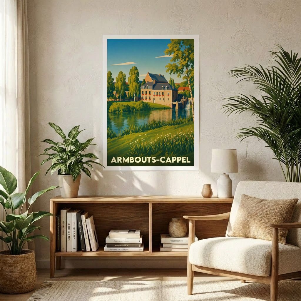 Affiche souvenir de la ville d'Armbouts-Cappel illustrant un paysage paisible avec un moulin au bord de l'eau.