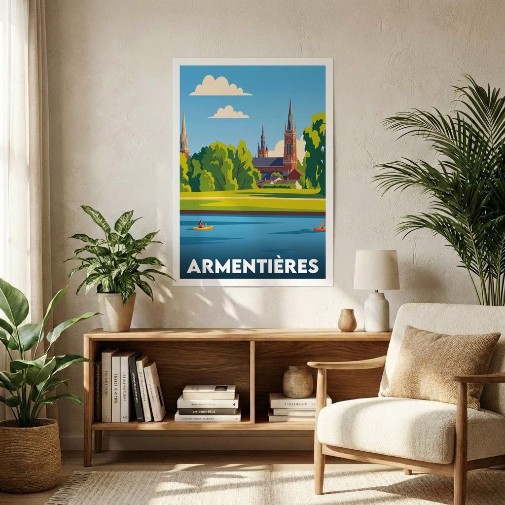 Affiche souvenir de la ville d'Armentières avec une illustration stylisée de ses monuments au bord de l'eau.