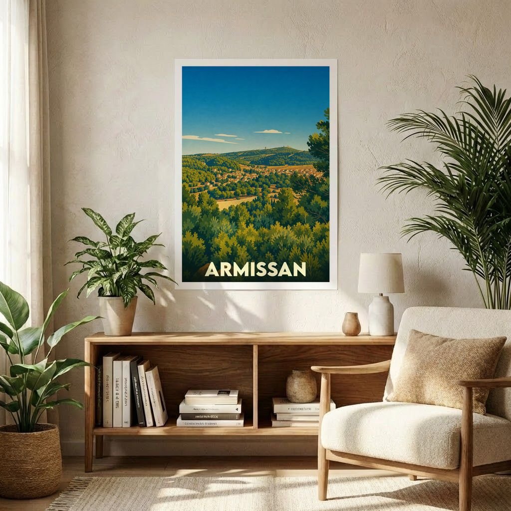 Affiche souvenir de la ville d'Armissan représentant un paysage vallonné et arboré dans un style illustré.