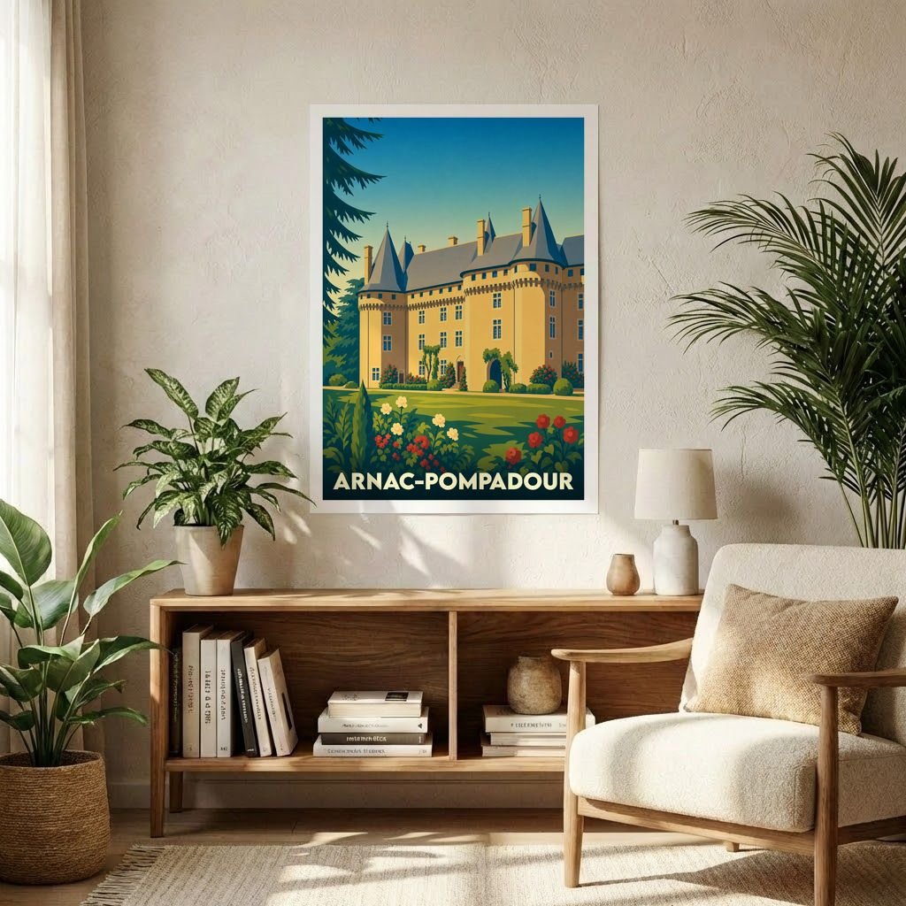 Affiche souvenir de la ville d'Arnac-Pompadour avec une illustration stylisée de son château.