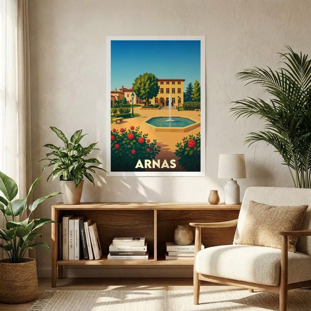 Affiche souvenir de la ville d'Arnas présentant une illustration stylisée d'une place avec fontaine.