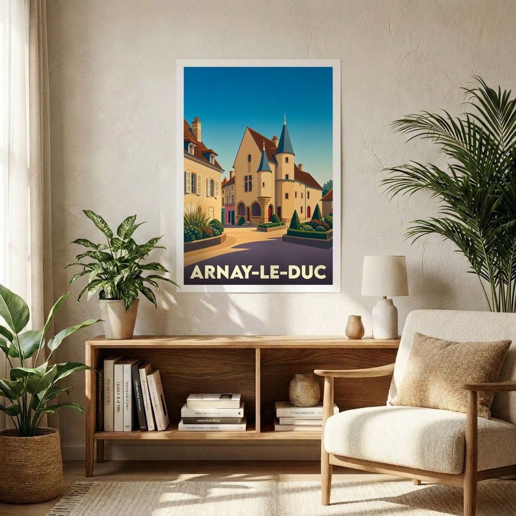 Affiche souvenir de la ville d'Arnay-le-Duc avec une illustration stylisée de son architecture historique.