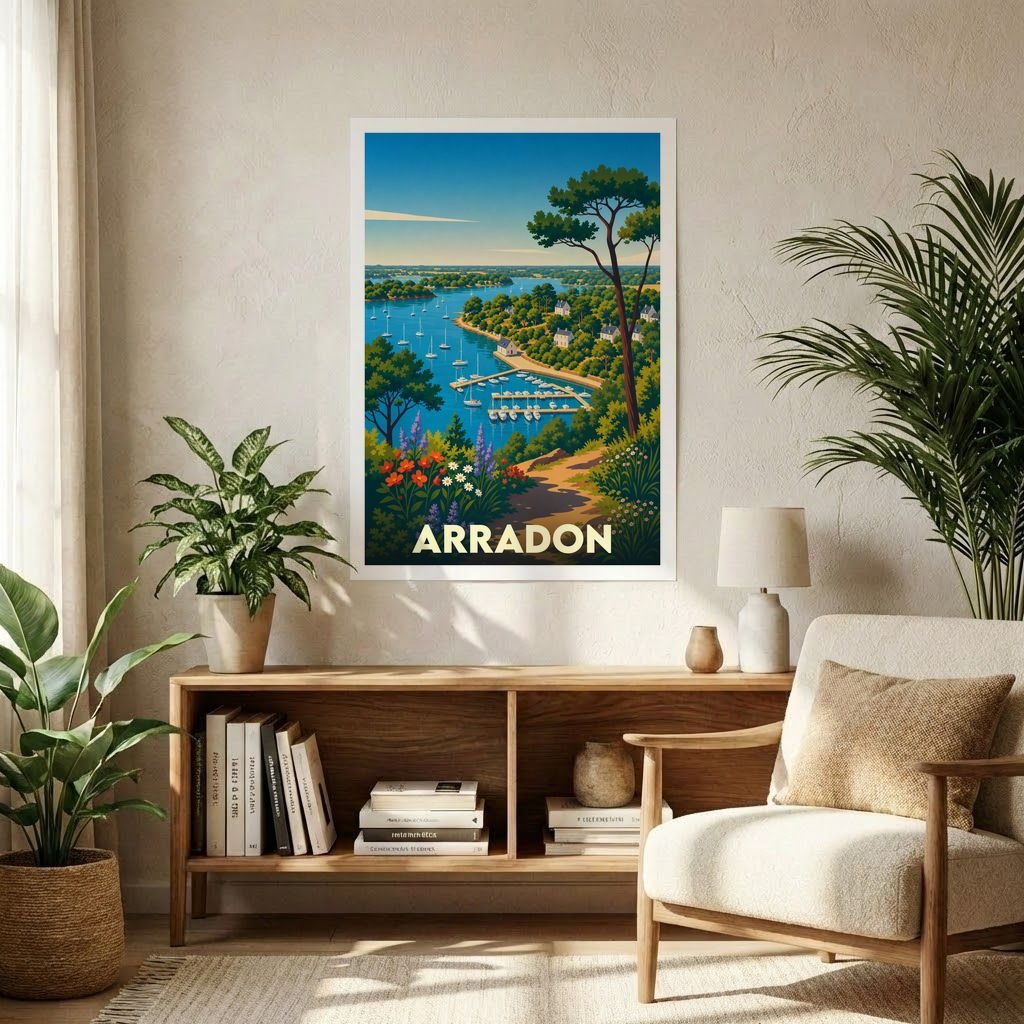 Affiche souvenir de la ville d'Arradon avec une illustration stylisée d'un port côtier.