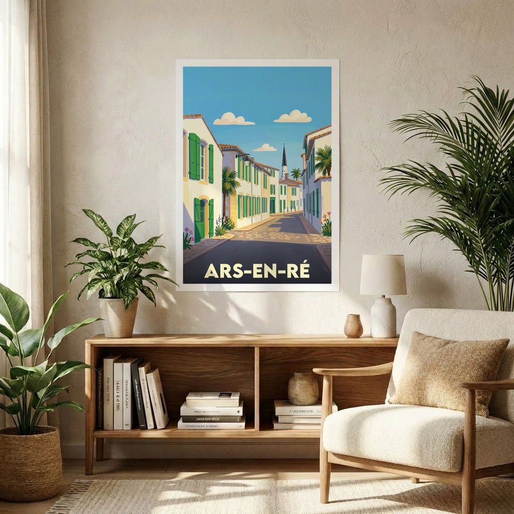 Affiche souvenir de la ville de Ars-en-Ré avec une illustration stylisée d'une ruelle ensoleillée.