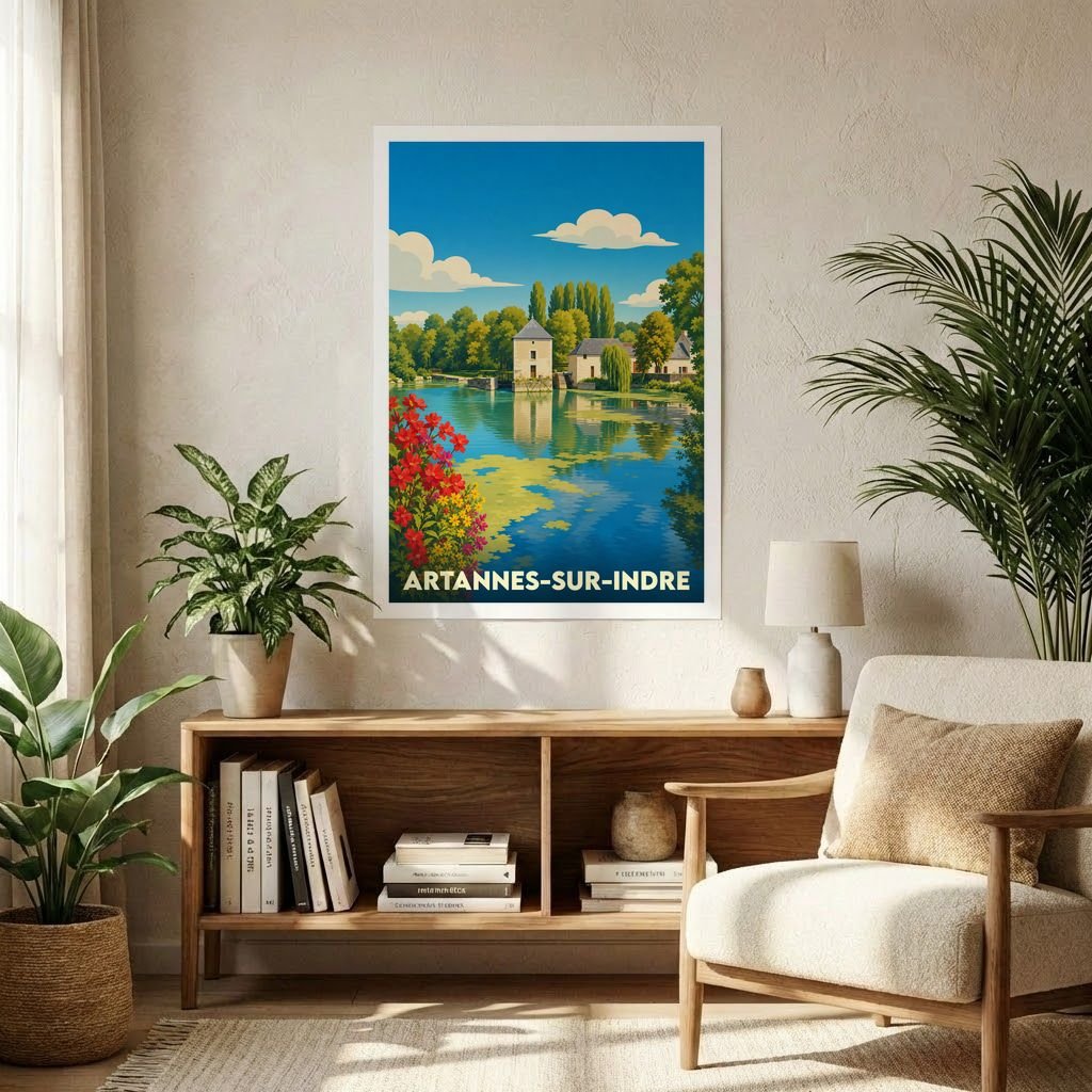 Affiche souvenir de la ville de Artannes-sur-Indre présentant une illustration stylisée d'un moulin au bord de l'eau.