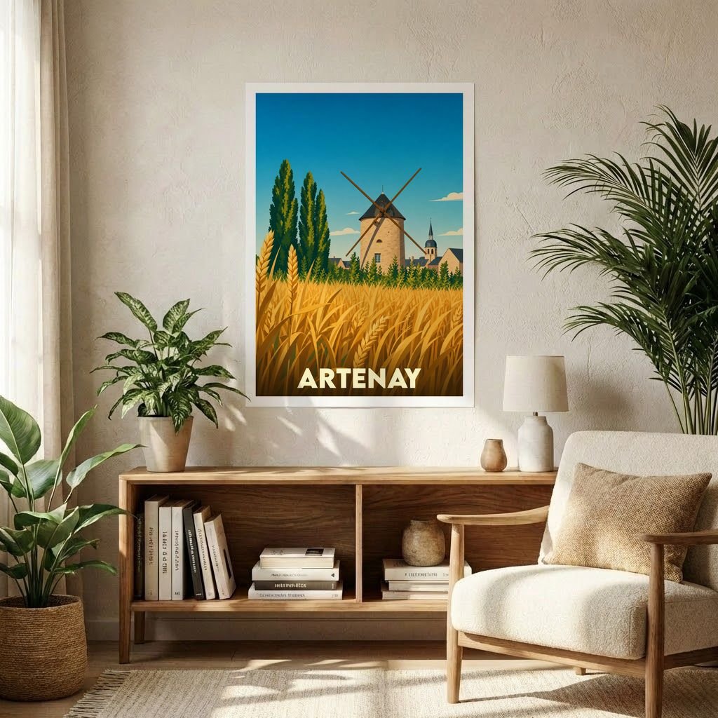 Affiche souvenir de la ville d'Artenay représentant un moulin au milieu d'un champ de blé dans un style illustré.