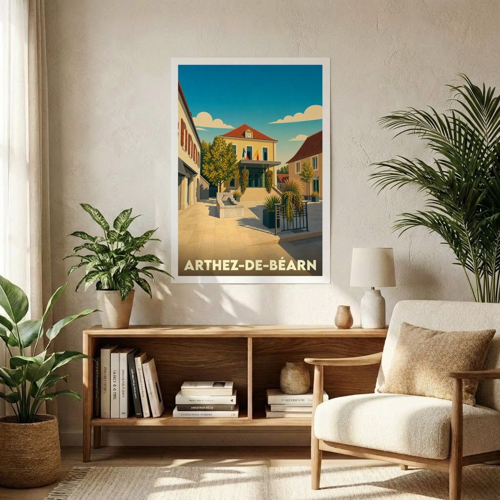 Affiche souvenir de la ville de Arthez-de-Béarn avec une illustration stylisée de sa place principale.
