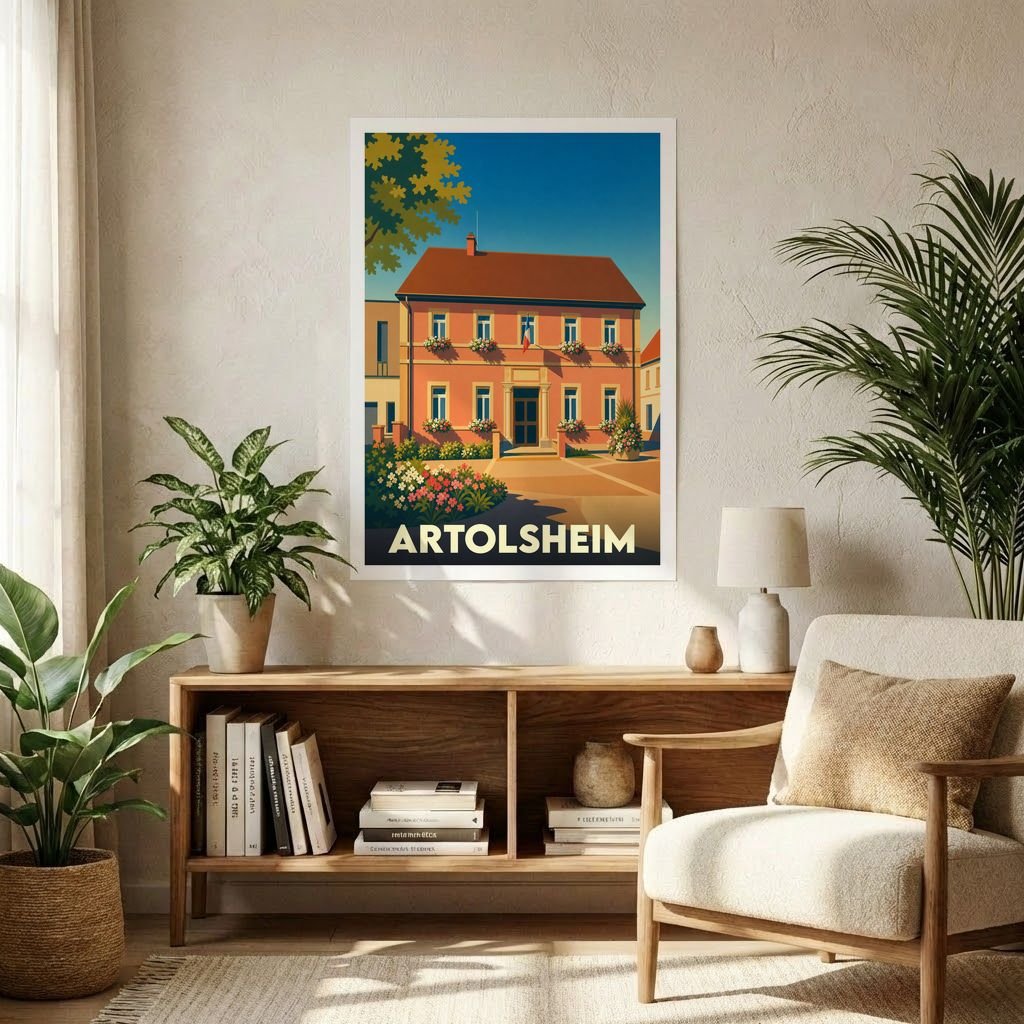 Affiche souvenir de la ville d'Artolsheim avec une illustration stylisée d'un bâtiment traditionnel alsacien.