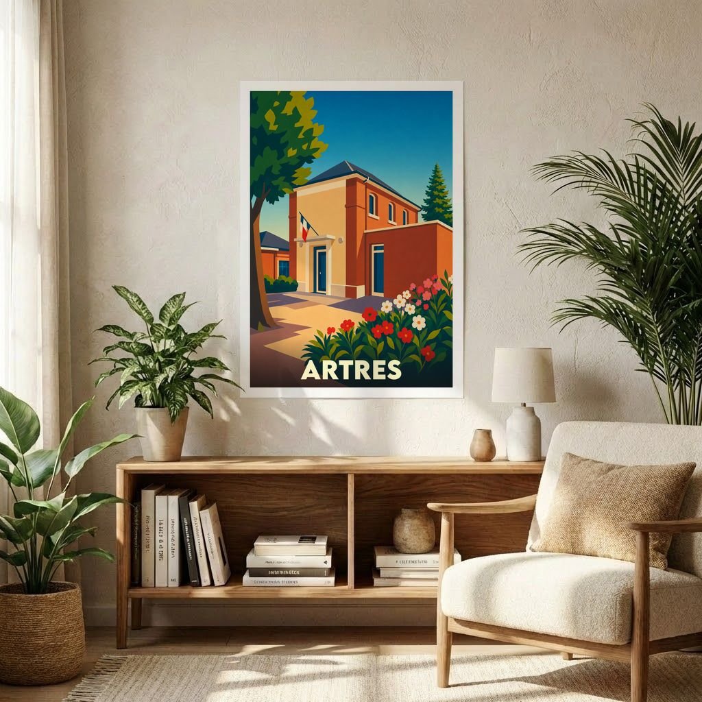 Affiche souvenir de la ville d'Artres avec une illustration stylisée et colorée de la mairie.