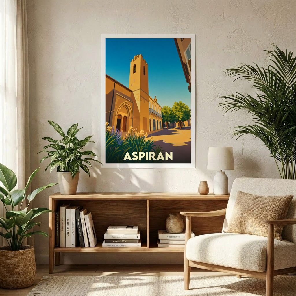 Affiche souvenir de la ville d'Aspiran présentant une illustration stylisée de son architecture sous un ciel bleu.