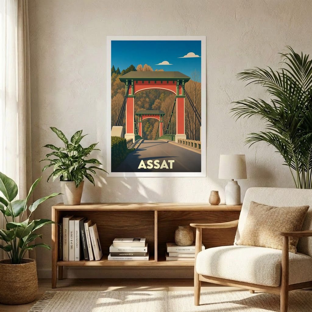 Affiche souvenir de la ville d'Assat présentant une illustration stylisée d'un pont suspendu coloré.