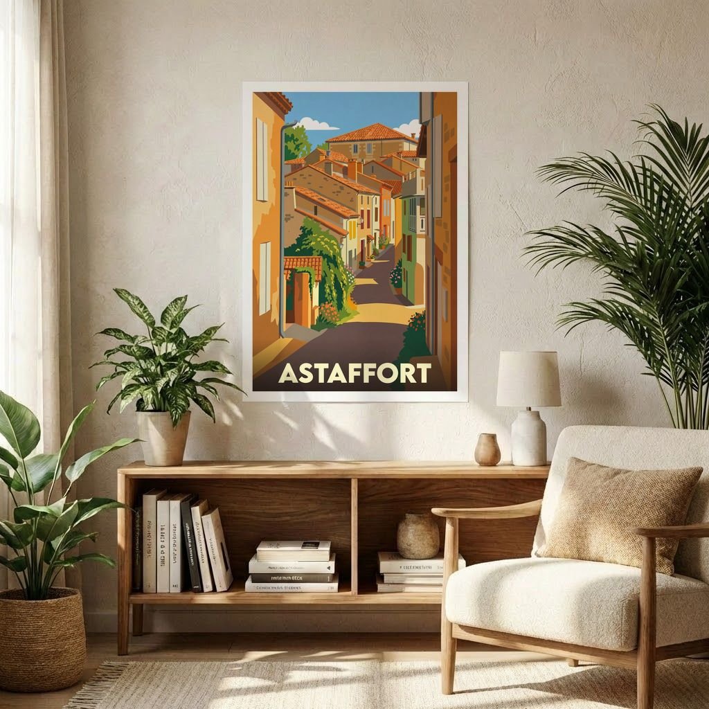 Affiche souvenir de la ville d'Astaffort avec une illustration stylisée d'une ruelle pittoresque ensoleillée.
