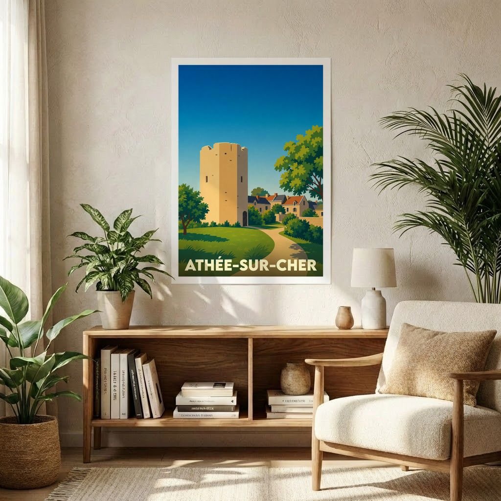 Affiche souvenir de la ville de Athée-sur-Cher avec une illustration stylisée d'une tour médiévale.