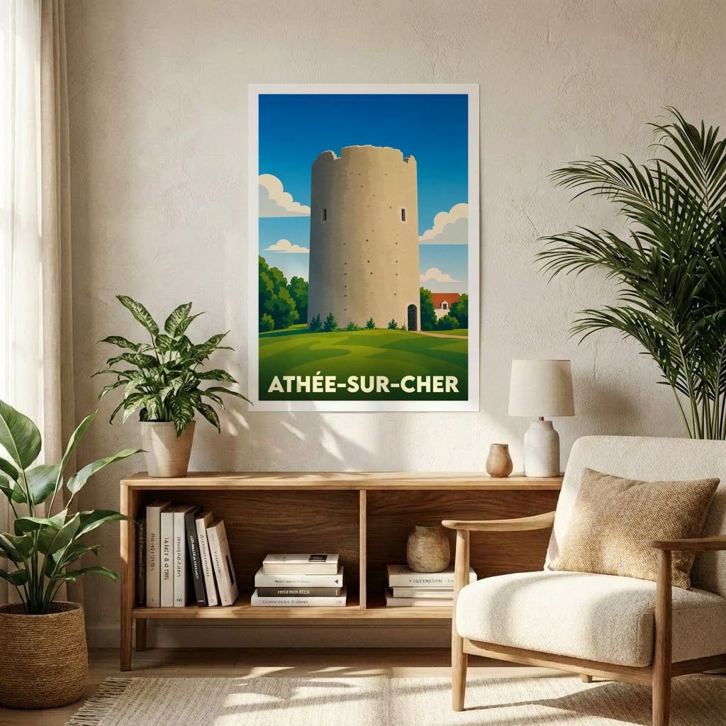 Affiche souvenir de la ville de Athée-sur-Cher avec une illustration stylisée d'une tour médiévale.