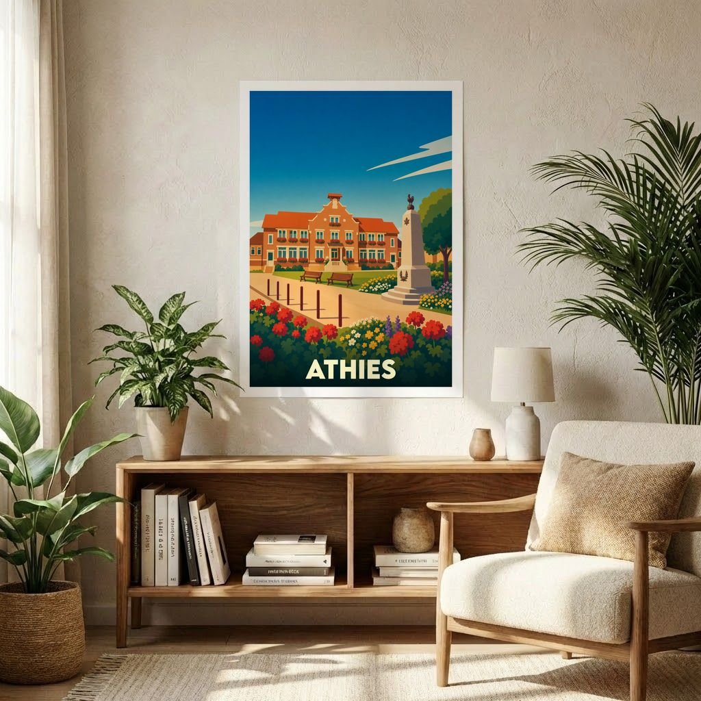 Affiche souvenir de la ville d'Athies avec une illustration stylisée et colorée de son architecture.