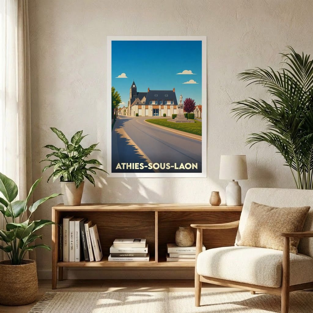 Affiche souvenir de la ville de Athies-sous-Laon avec une illustration stylisée.