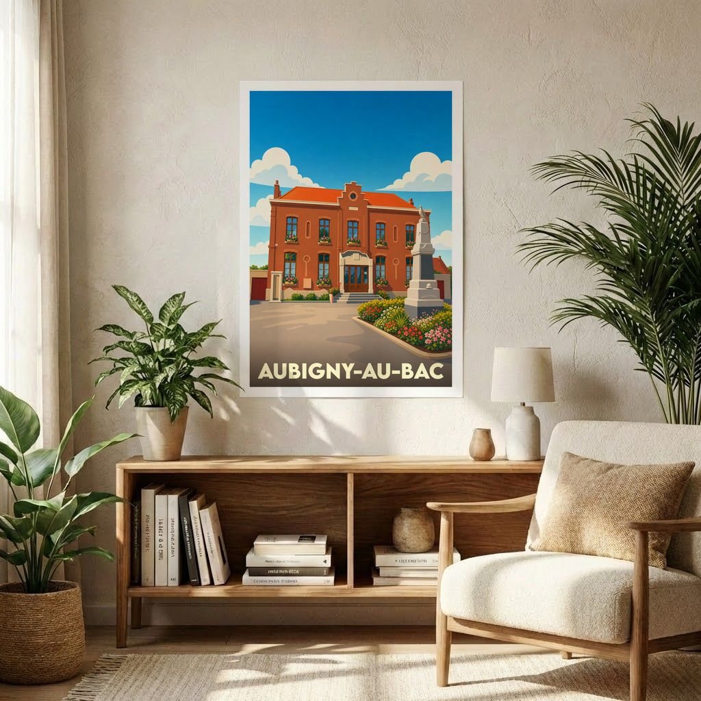 Affiche souvenir de la ville d'Aubigny-au-Bac avec une illustration stylisée de sa mairie.