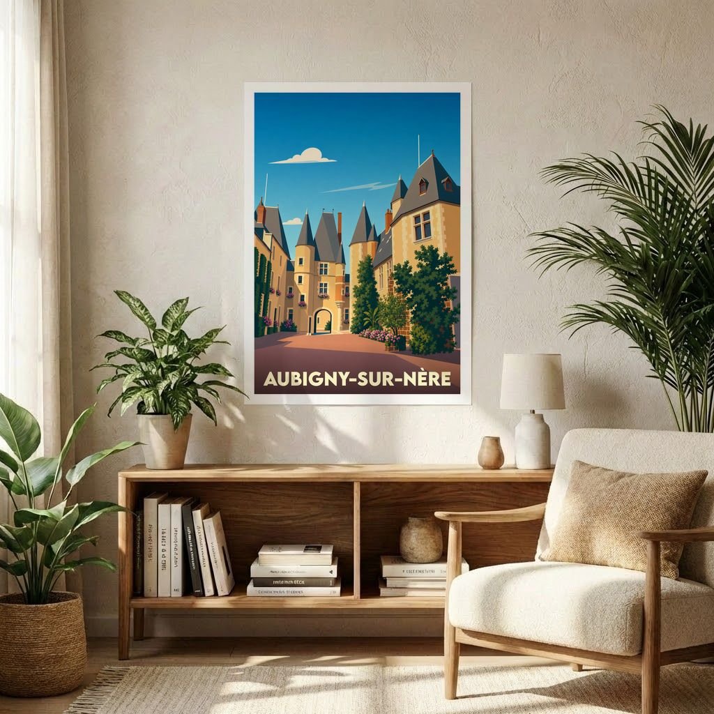 Affiche souvenir de la ville d'Aubigny-sur-Nère avec une illustration stylisée de son architecture historique.