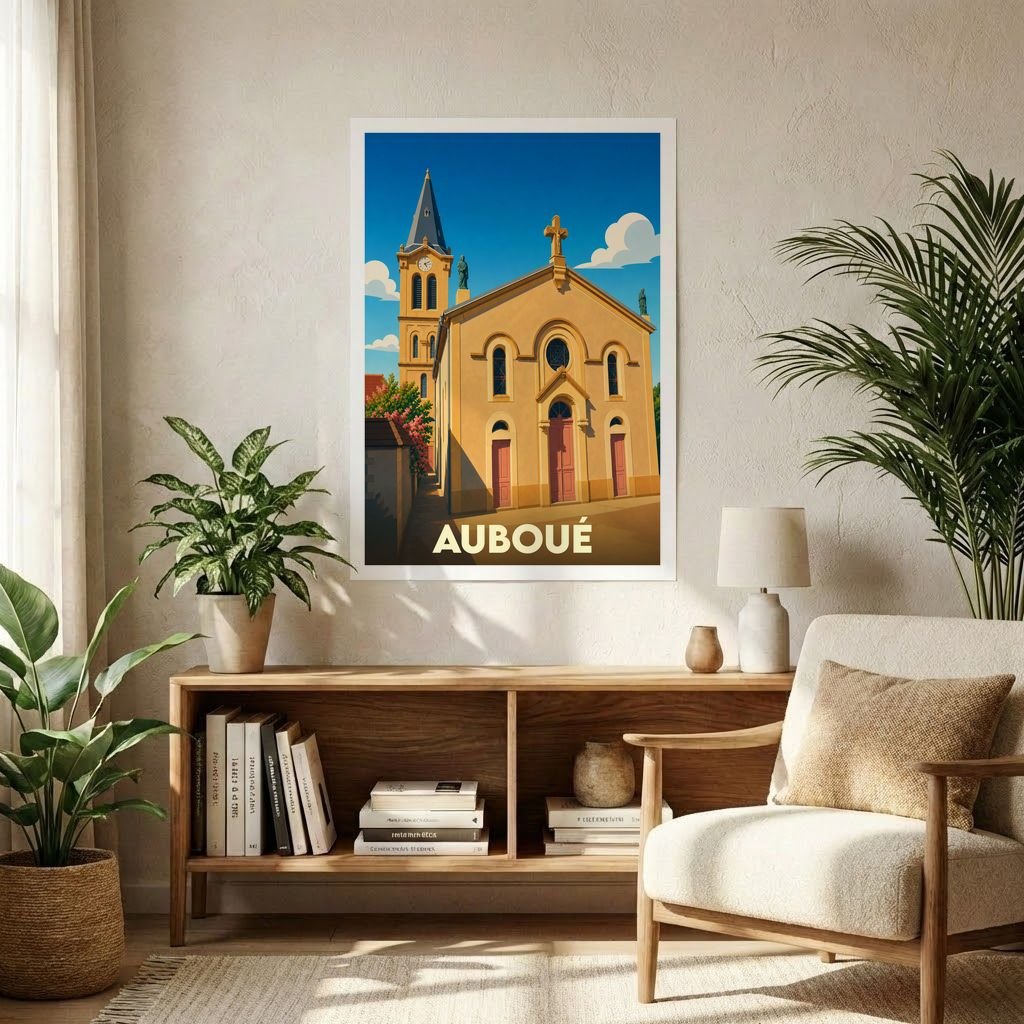 Affiche souvenir de la ville d'Auboué illustrant son église dans un style graphique épuré.