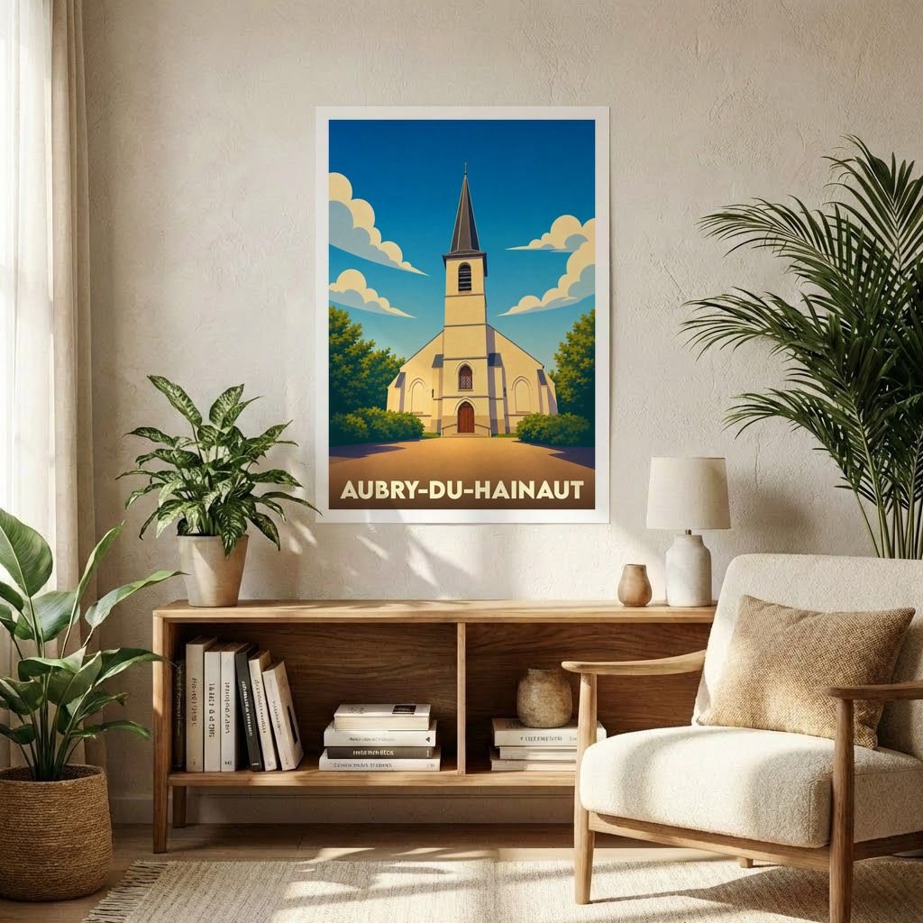 Affiche souvenir de la ville d'Aubry-du-Hainaut avec une illustration stylisée de son église.