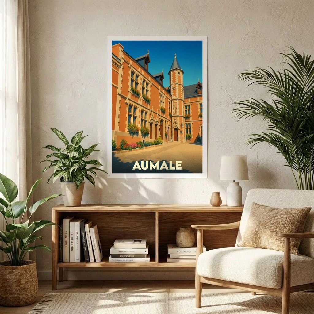 Affiche souvenir de la ville d'Aumale avec une illustration stylisée de l'hôtel de ville.