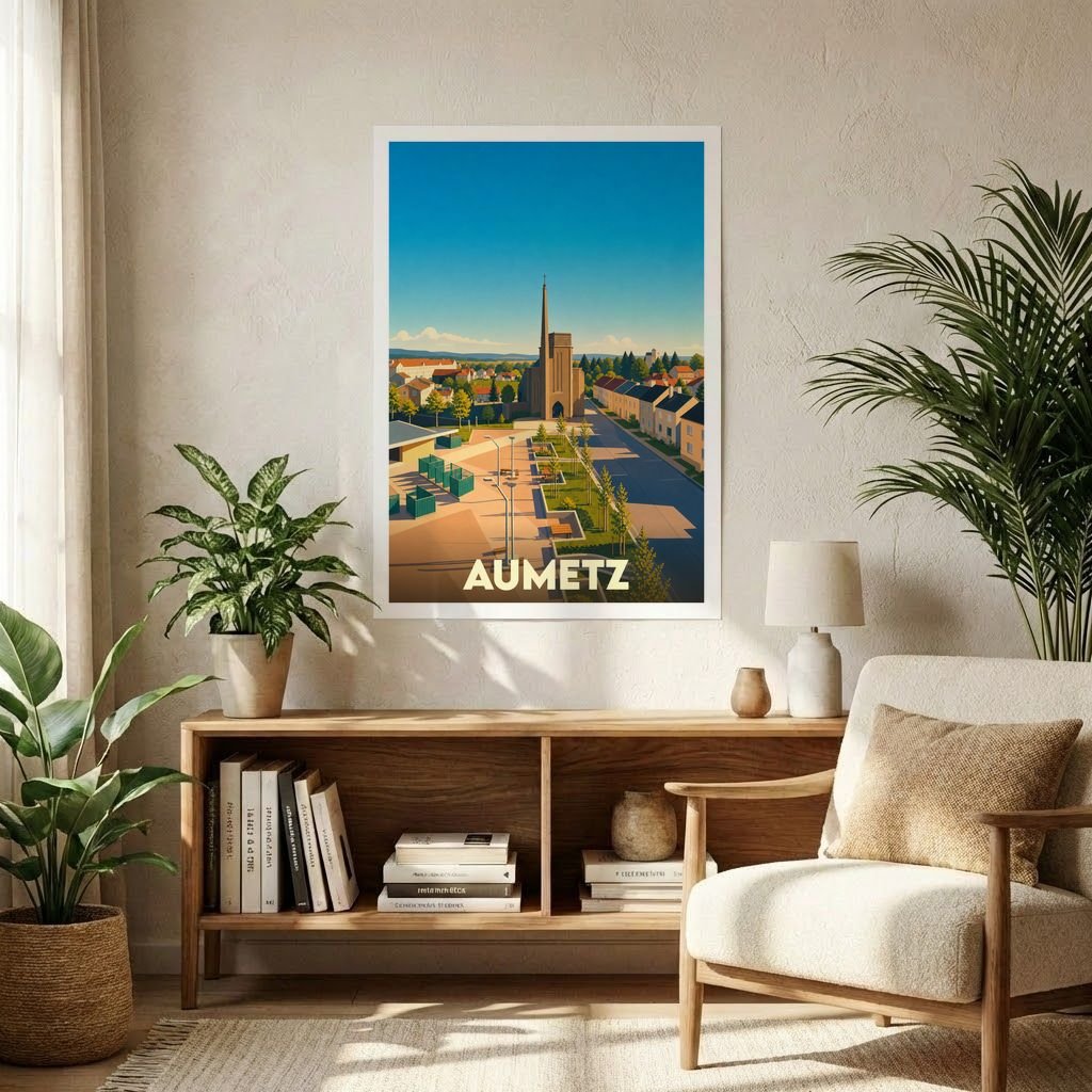 Affiche souvenir de la ville de Aumetz avec une illustration stylisée et colorée du paysage urbain.