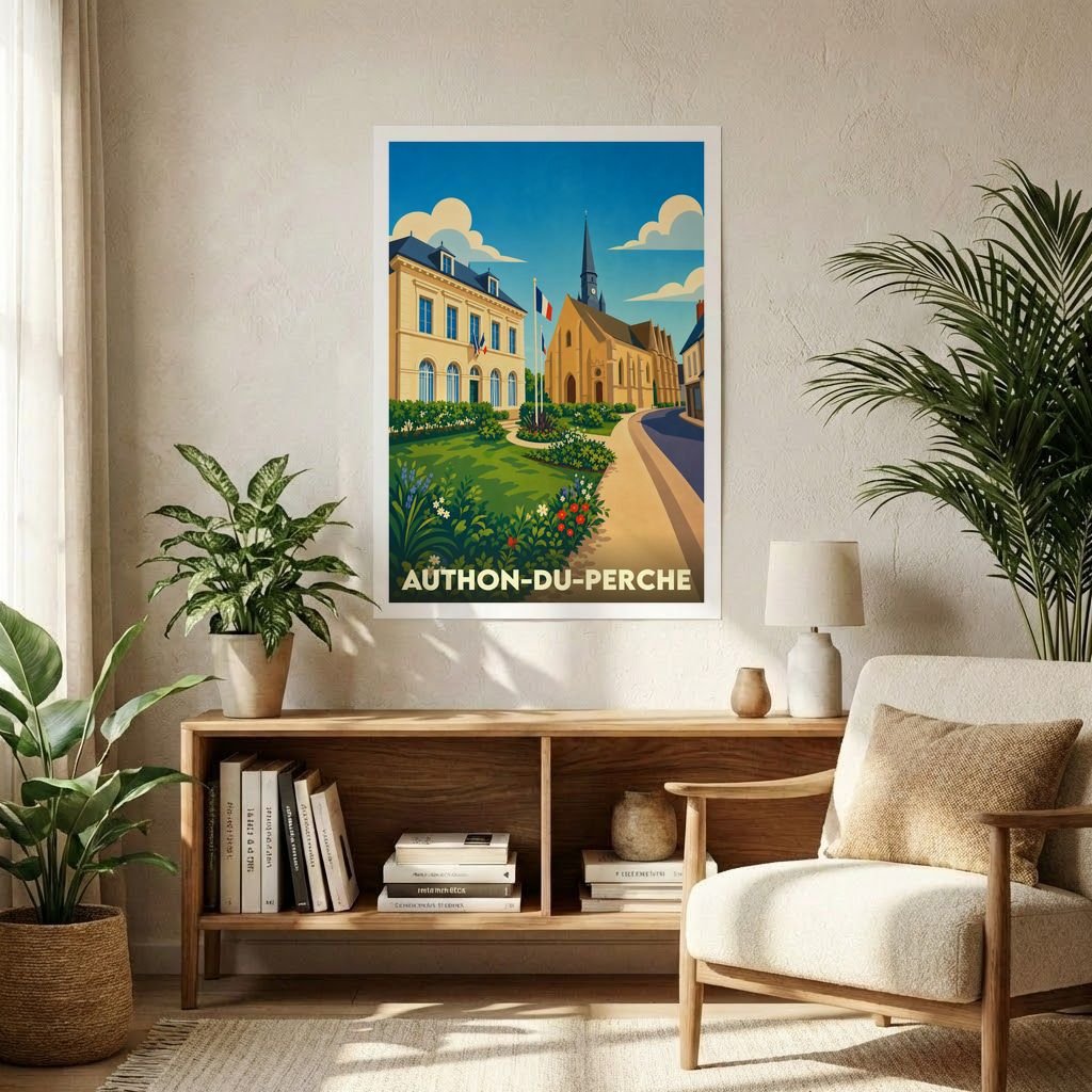 Affiche souvenir de la ville de Authon-du-Perche avec une illustration stylisée et colorée de son centre historique.