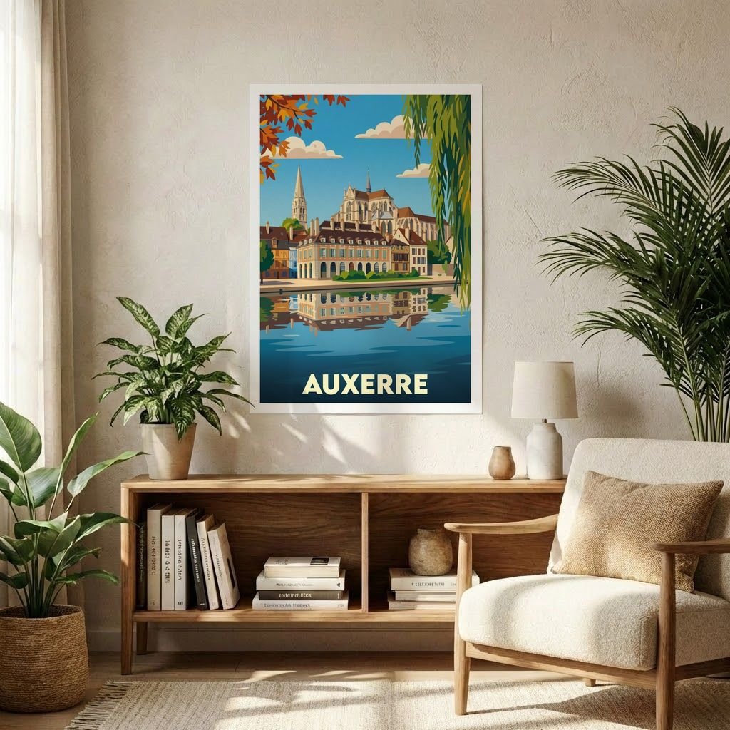 Affiche souvenir de la ville d'Auxerre avec une illustration stylisée.