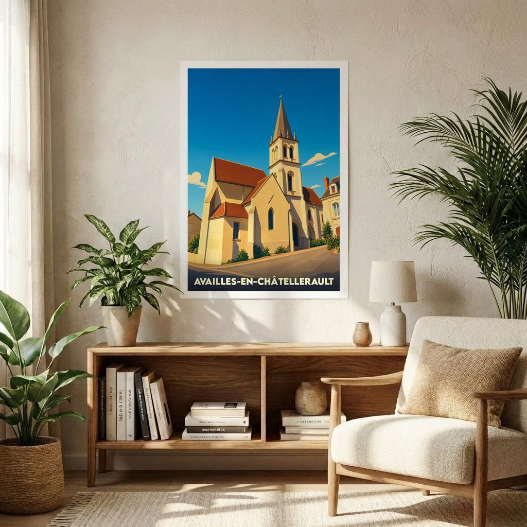 Affiche souvenir de la ville de Availles-en-Châtellerault avec une illustration stylisée de son église.