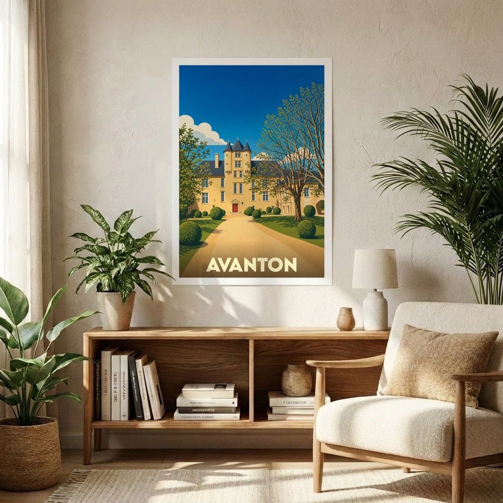 Affiche souvenir de la ville d'Avanton avec une illustration stylisée représentant un château sous un ciel bleu.
