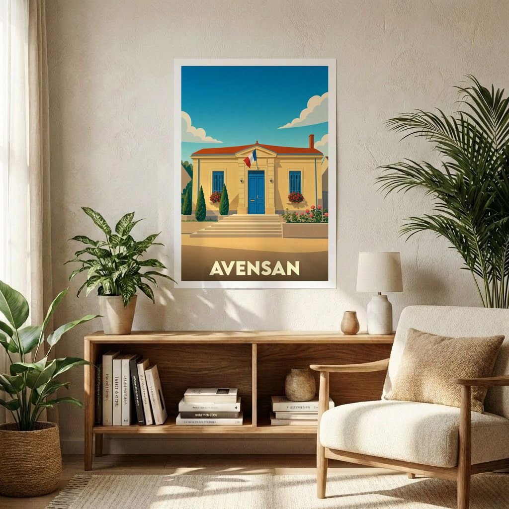 Affiche souvenir de la ville d'Avensan avec une illustration stylisée de sa mairie sous un ciel bleu.