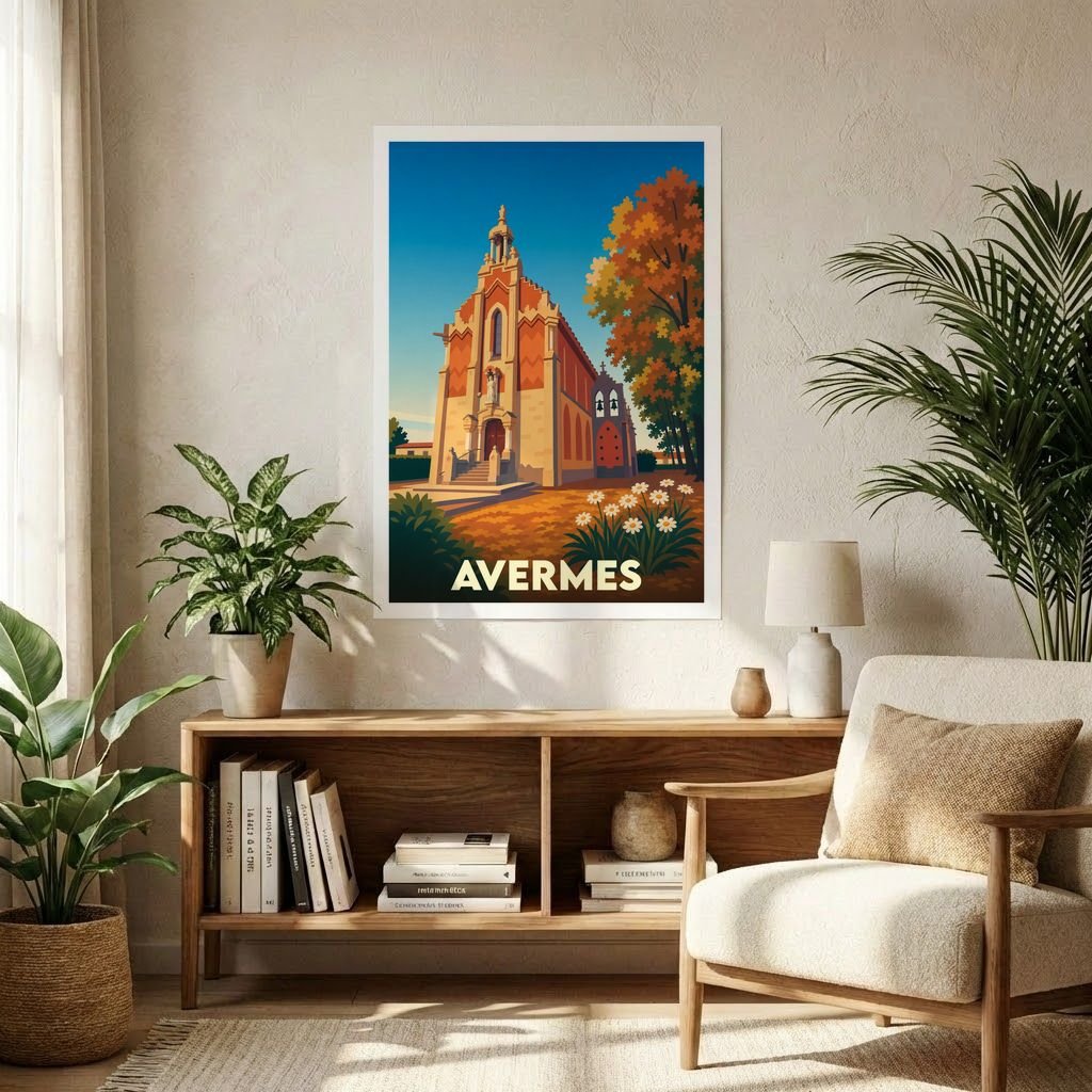 Affiche souvenir de la ville d'Avermes représentant son église dans un style graphique rétro.