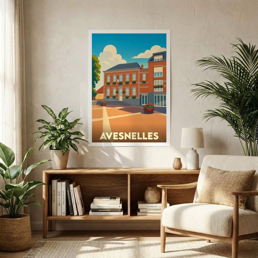Affiche souvenir de la ville d'Avesnelles avec une illustration stylisée d'un bâtiment emblématique.