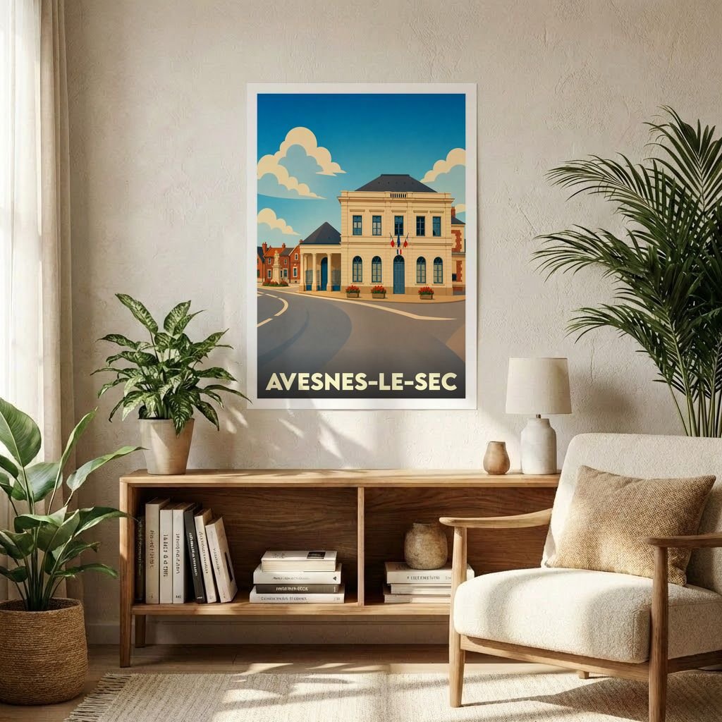 Affiche souvenir de la ville d'Avesnes-le-Sec avec une illustration stylisée de son hôtel de ville.
