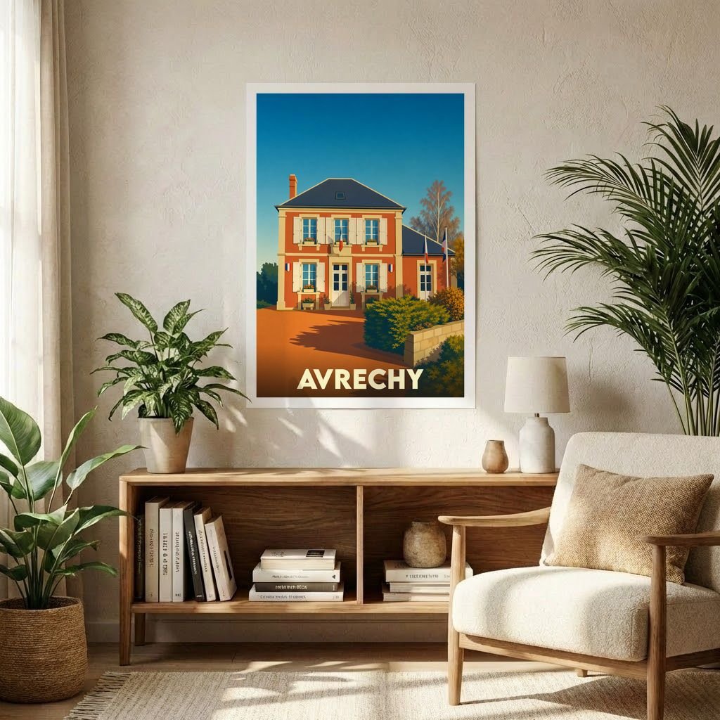 Affiche souvenir de la ville d'Avrechy avec une illustration stylisée d'une maison de maître.