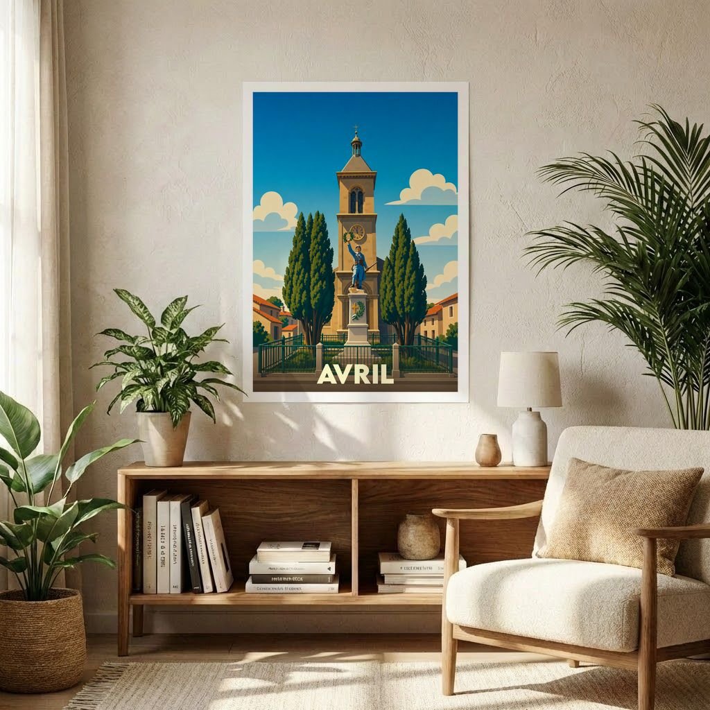 Affiche souvenir de la ville d'Avril représentant son église et une statue sur une place arborée dans un style graphique épuré.