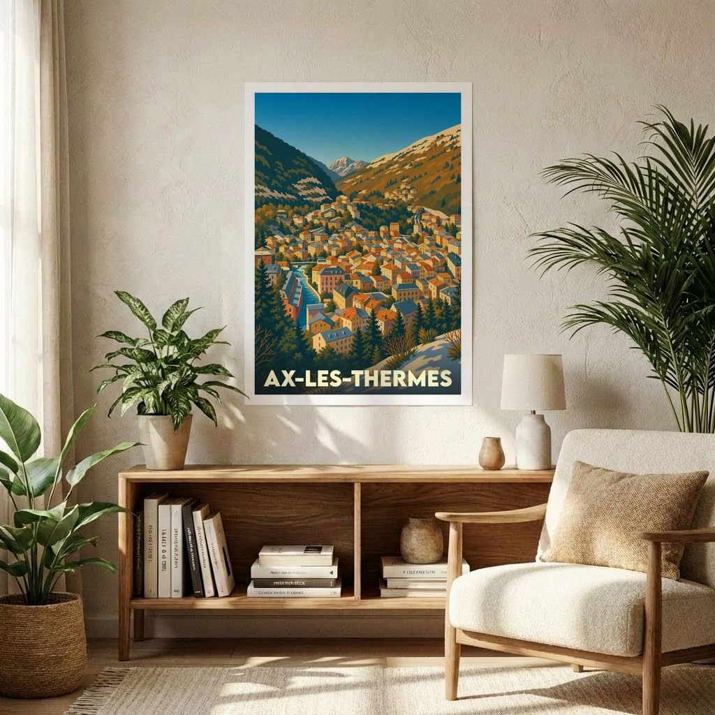 Affiche de style vintage représentant une vue panoramique illustrée de la ville de Ax-les-Thermes nichée dans les montagnes.