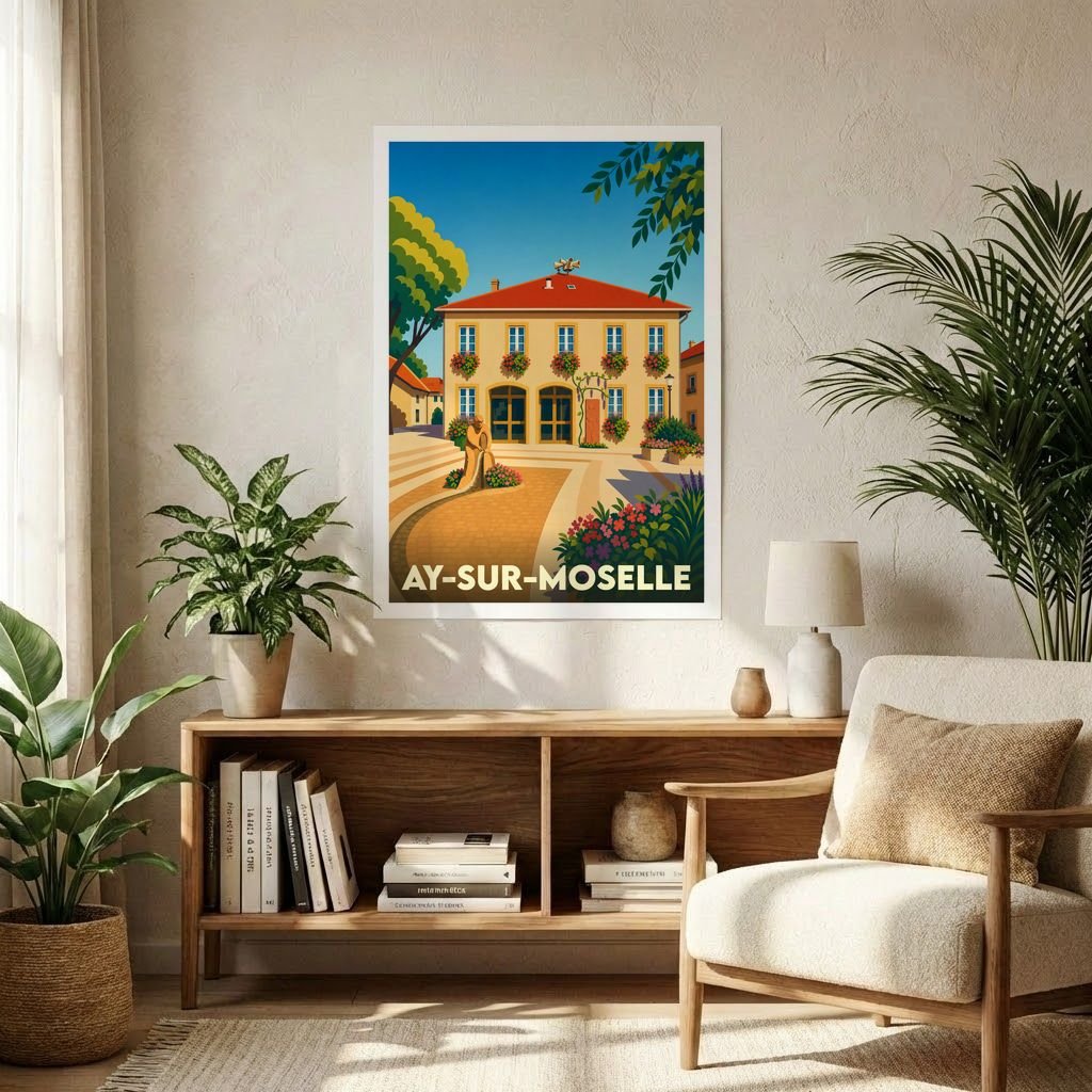 Affiche souvenir de la ville de Ay-sur-Moselle avec une illustration stylisée et colorée d'un bâtiment traditionnel.
