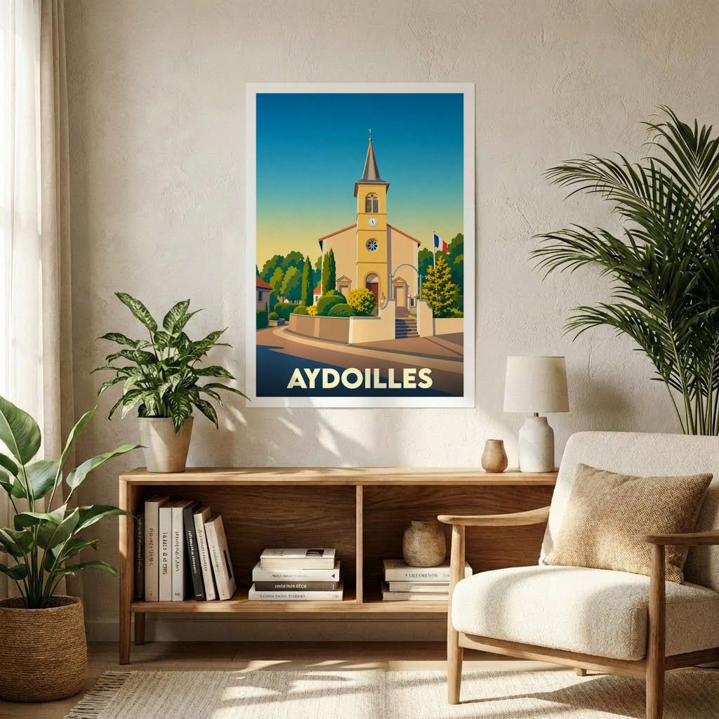 Affiche souvenir de la ville d'Aydoilles avec une illustration stylisée de son église.