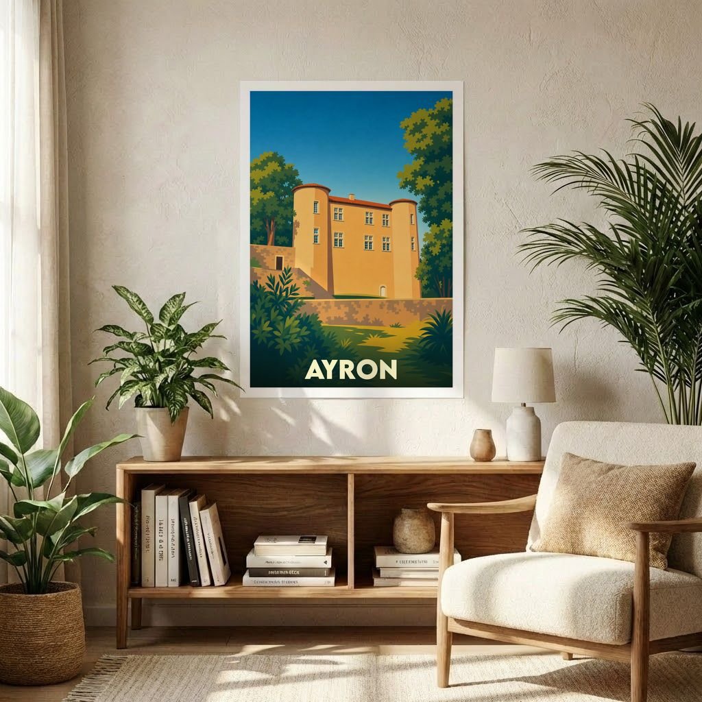 Affiche souvenir de la ville d'Ayron avec une illustration stylisée de son château.