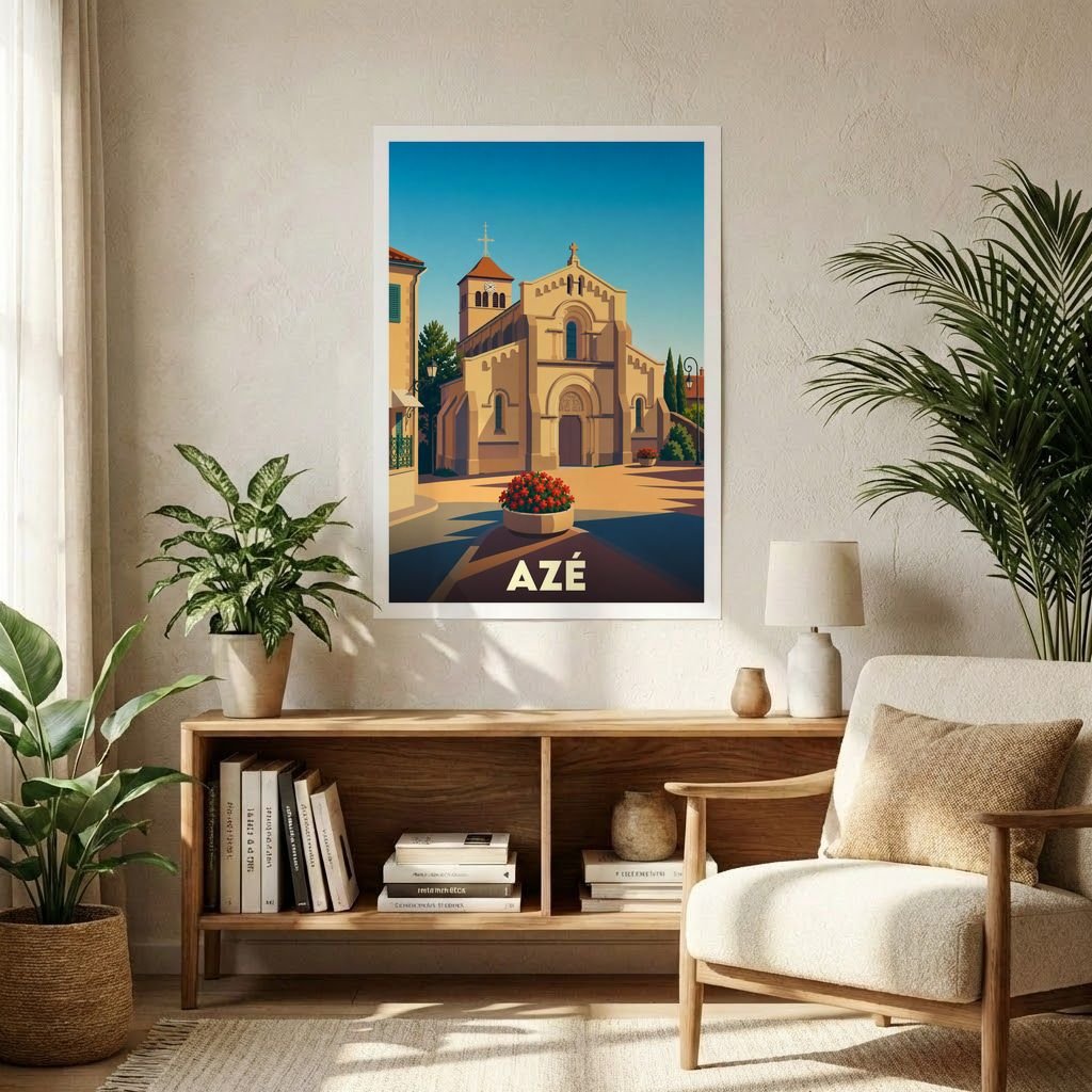 Affiche souvenir de la ville d'Azé avec une illustration stylisée de son église sous un ciel bleu.